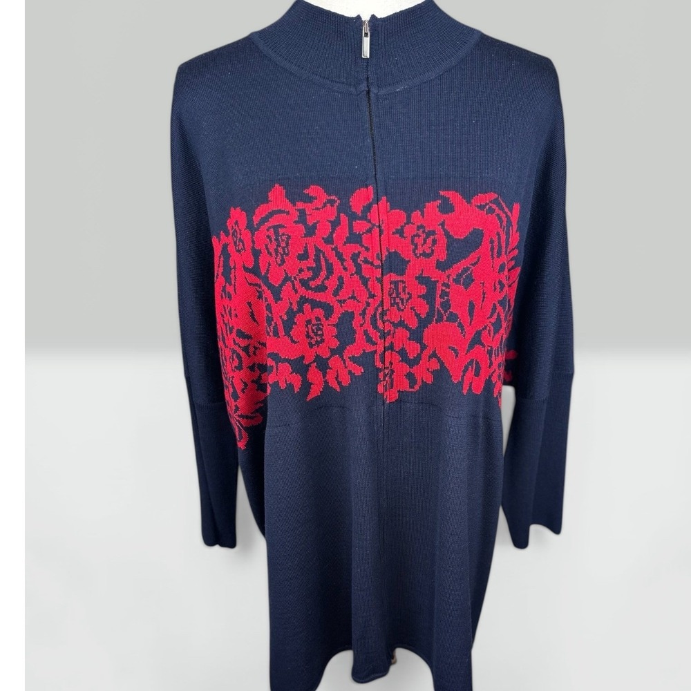 St. John NWT SZXL‎ Zip Front Cardigan Navy Blue Floral Intarsia Mock Neck Wool - Picture 2 of 15